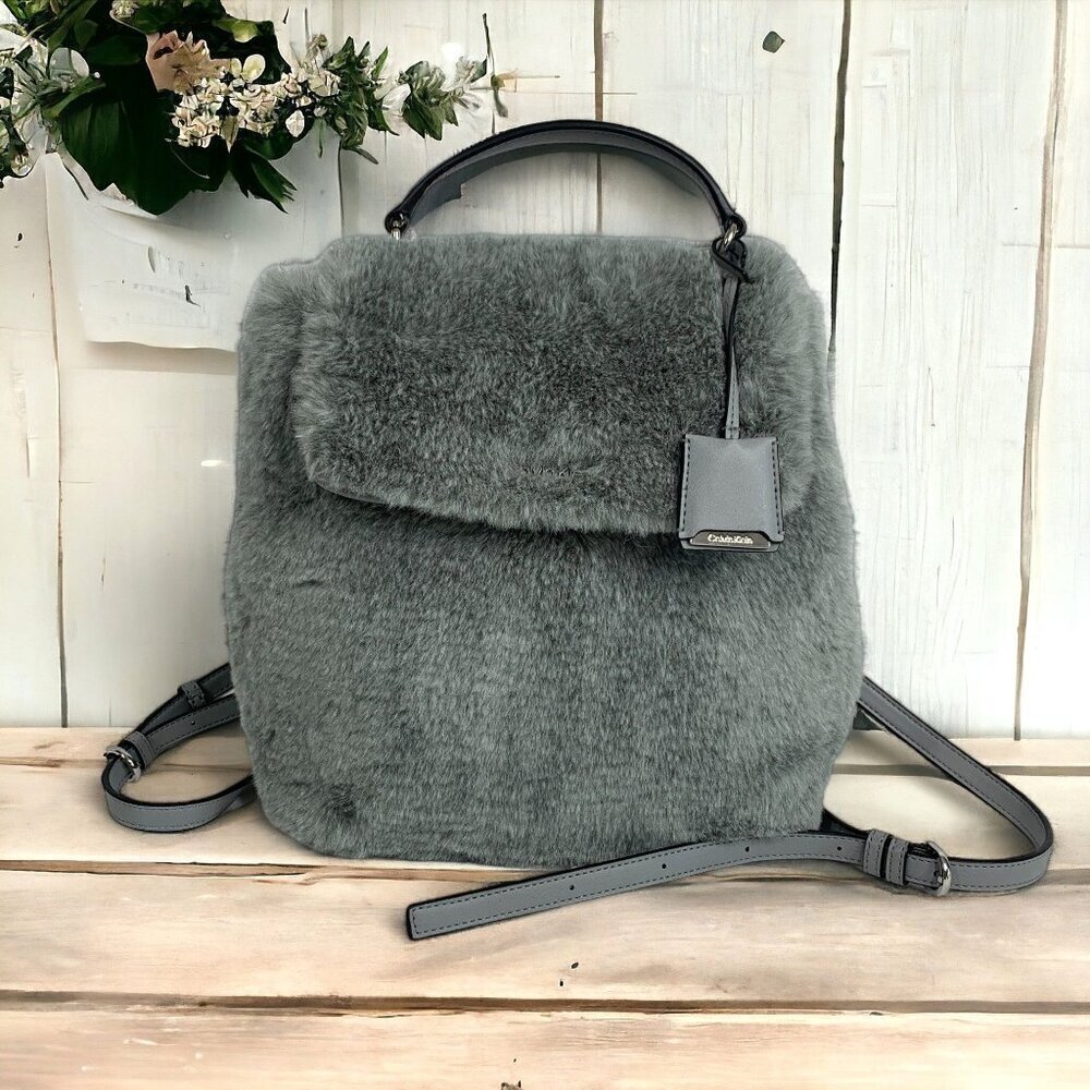 CALVIN KLEIN Leilani Vegan Leather Faux Fur Backpack Heathered Grey 14"x12"x4.5"